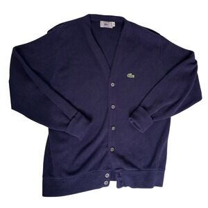 Vintage Lacoste Blue V Neck Button Up Cardigan Sweater L Orlon Acrylic Grandpa